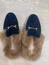 French Curve suede Fur Lined Mules Loafers size 6 US Pointed Toe Mule Flats