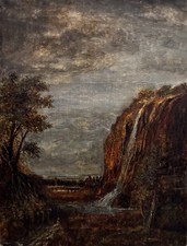 Antique Waterfall Landscape Painting Early 20th Century