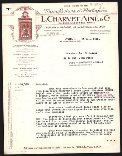 Facture lyon 1942 charvet - lyon, l.