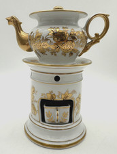 Vintage Teapot Tisaniere Warmer Stand Floral 10" Gold White Porcelain