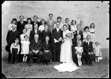 Portrait Group Guests Family Wedding Bride and Groom - Old Negative Photo Year. 1940