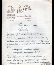 PARIS (XI°) PORCELAIN CRYSTAL FAIENCE / HOUSEHOLD ART "CHEZ SELLES" Letter in 1951