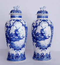 Antique DELFT BLUE & WHITE GINGER JAR- LIDDED VASE 12.6 INCHES WINDMILL DECOR