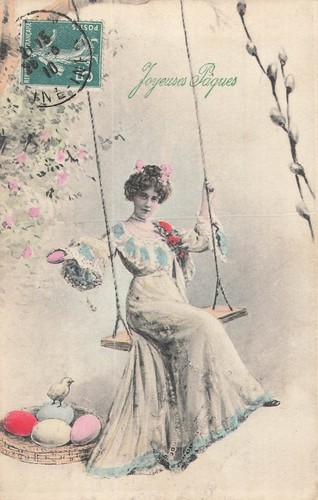 Paques femme elegante sur - cp,