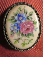 VINTAGE ROMANTIC BROOCH enamel on PORCELAIN ROSES & MYOSOTIS Limoges