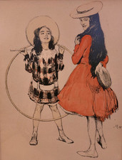 Vintage Two Young Girls Hula Hoop Original German Lithograph Adolf Munzer 1904