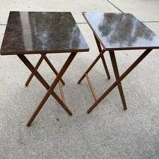 Vintage MCM SCHEIBE Folding TV Table Tray Faux Marble Formica Stand Set of 2