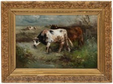 Henry Schouten, Belgian 1859-1927, "Cows In A Stream", Oil On Canvas