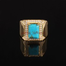 Naturel Turquoise Gemme Plaqué Or 925 Argent Sterling Homme Bague #3562