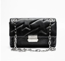 Zadig & Voltaire Ziggy Mat Leather Shoulder Bag Chain Black Silver Wings $600