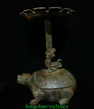 11" Old Bronze Ware Tortue Tortue Inscription Bougeoir Chandelier Statue