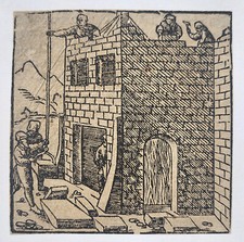Gravure sur bois XVIe représentant chantier de construction en pierre de taille