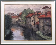 Joseph GILARDONI (1882-1961) aquarelle et encre - Bord de rivière en Ville