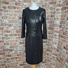 Hobbs Melanie Dress Black Sequin Below Knee UK 12 Straight Long Sleeve Open Back