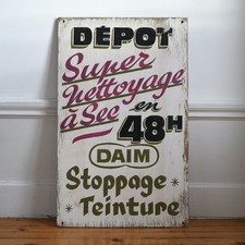 Ancien Panneau enseigne Super Nettoyage à Sec en 48h Commerce Laverie France