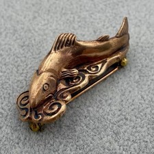 Rare Vintage SG Sea Gems Fish Koi Carp Copper Pin Brooch Signed Water Wave Japan