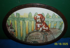 Vintage  "Beware of the Dog" Saint Bernard Puppy in an Oval Metal Frame No Glass