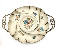 Vintage Farber & Shlevin Tole Hand Painted Floral Tray 14" w/ handles metal