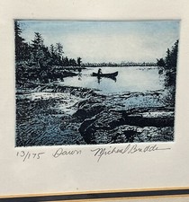 Michael Budden Etching “Dawn” 13/175 Framed Signed Lake Canoe Cabin Woods Water