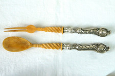 Antique 18th Century Louis XV Silver Blonde Horn Salad Servers Cutlery 18th