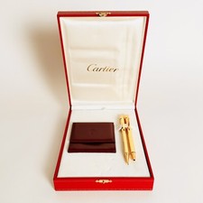 RARE Cartier STYLO Ballpoint Pen Pencil Coin Wallet Set - Gold Plated - Full Set