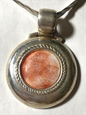 RARE JVC Sterling Silver 980 Circle Pendant Orange Stone MD28V 925 Chain SS-367