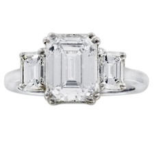 3 Pierre Émeraude Coupe Diamant 4.00ct Fiançailles Bague 18k or Blanc GIA Prise