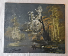 Tableau par R. Comte Huile 50cm x 61cm. Expressionniste "Étang bordé d'arbres"