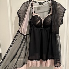 CINEMA ETOILE Black Pink Ruffle Robe AND Babydoll  Large 1950s Pin Up Cheesecake