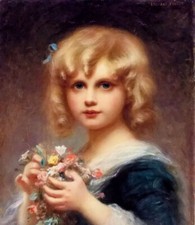 Oil painting edouard cabane - girl with flowers lovely and cute little girl art