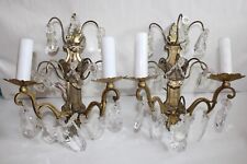 Antique Pair of Bronze Sunflower Sconces and Crystal Tassels 1900s Era