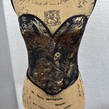 Corset Top Bustier Overbust Sexy Women Black Gold Floral Lace up Back Medium