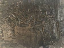 Matrice Tampon Gravure Sur Bois Curiosité Femme Panier Marché Ancien 1900 Plaque