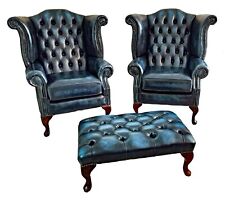 Fauteuils Chesterfield avec tabouret Queen Anne assorti