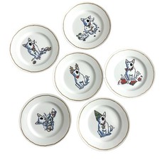 Williams Sonoma "Trouble" Bull Terrier Dog Christmas Dessert Plates Set of 6