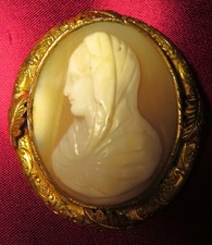 Antique CAMEE on SHELL engraved WOMEN veil chiseled brass frame pin