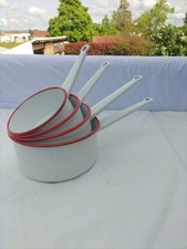 Vintage Lot 4 Ancienne Casseroles En Email Blanc Et Rouge, Deco Loft Voir Photos