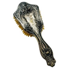 Antique Sterling Silver Hair Brush Rose Motif Art Nouveau MARKED Vanity Brush