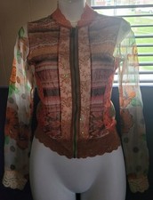 Vtg WooXoom Sheer Paris Lace Trimmed Orange Green Ivory Jacket Sz S