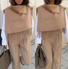 ZARA MID-CAMEL SHORT ASYMMETRIC FRINGED 53% WOOL CAPE TASSEL HEM HIGH NECK M