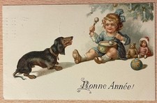 Girl toys Dog DACHSHUND Teckel Fialkowska unsigned? Old Dog PC 1917