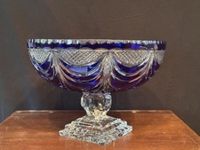 Grande Coupe Overley Sur Pied En Cristal Ciselé Bleu Cobalt Diamètre 30 Cm