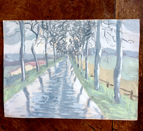 Huile ancienne paysage route - ancienne,