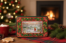 Vintage Metal Christmas Cookie Box - Santa's Winter Scene