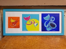 Tableau Triptyque LAURENCE NOLLEAU «Toccata» Chat + Cadre Bois Vintage #C955