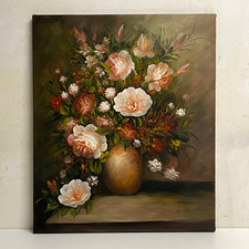 Tableau Peinture Huile sur Toile - Bouquet de Fleurs - Signé - Contemporain