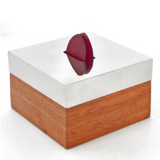 RARE BOITE A BIJOUX OU DE BUREAU VINTAGE HERMES PARIS METAL ARGENTE & BOIS 1960