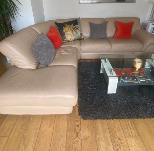 Canapé angle cuir beige - cuir,