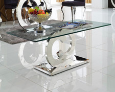 Design Table Basse Argent Acier Inoxydable Trempé Verre Table de Salon 130x70x45