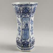Vase 9 3/8" Delfts Royal Sphinx Boch Holland Windmills Floral Blue/White
